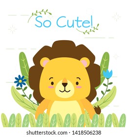 cute lion cartoon flowers leaves vector illustration design