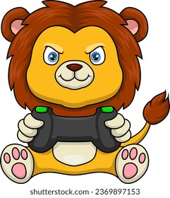 Cute lion cartoon gamer holding gamepad joystick