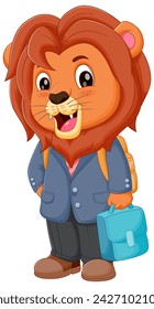 Cute Lion Cartoon Going to School Vector Illustration. Cute Lion in School Uniform with Bag