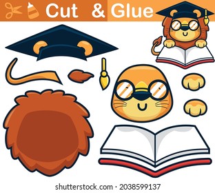 Cute lion cartoon in graduation hat reading book. Education paper game for children. Cutout and gluing
