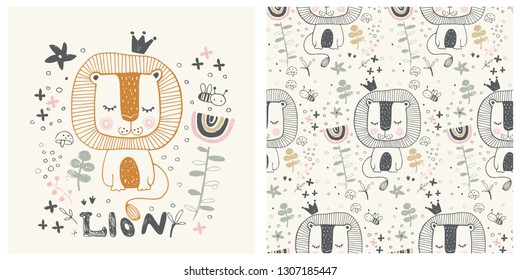 Cute lion. cartoon hand drawn vector illustration. Can be used for t-shirt print, kids wear fashion design, baby shower invitation card. - Vector