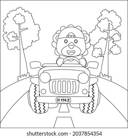 Cute lion cartoon having fun driving off road car on sunny day. Cartoon isolated vector illustration, Creative vector Childish design for kids activity colouring book or page.