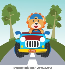 Cute lion cartoon having fun driving off road car on sunny day. Vector childish background for fabric textile, nursery wallpaper, card, poster and other decoration. Vector illustration.