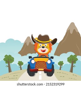 Cute lion cartoon having fun driving off road car on sunny day. Vector childish background for fabric textile, nursery wallpaper, card, poster and other decoration. Vector illustration.