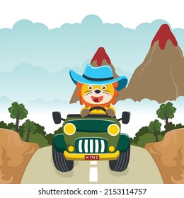 Cute lion cartoon having fun driving off road car go to forest. Vector childish background for fabric textile, nursery wallpaper, card, poster and other decoration. Vector illustration.