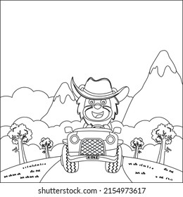 Cute lion cartoon having fun driving off road car on sunny day. Cartoon isolated vector illustration, Creative vector Childish design for kids activity colouring book or page.
