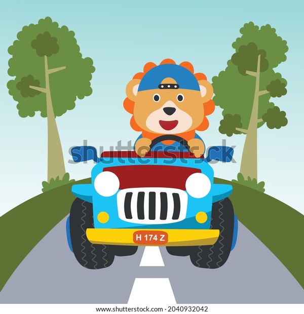 Cute\
lion cartoon having fun driving off road car on sunny day. Vector\
childish background for fabric textile, nursery wallpaper, card,\
poster and other decoration. Vector\
illustration.