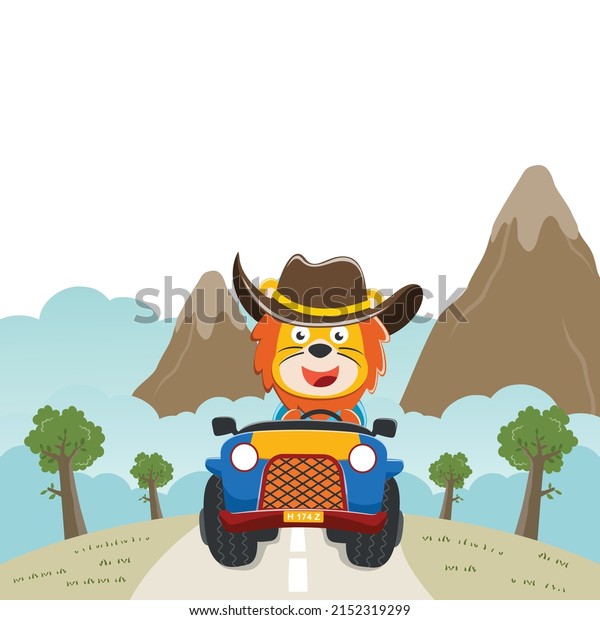 Cute\
lion cartoon having fun driving off road car on sunny day. Vector\
childish background for fabric textile, nursery wallpaper, card,\
poster and other decoration. Vector\
illustration.