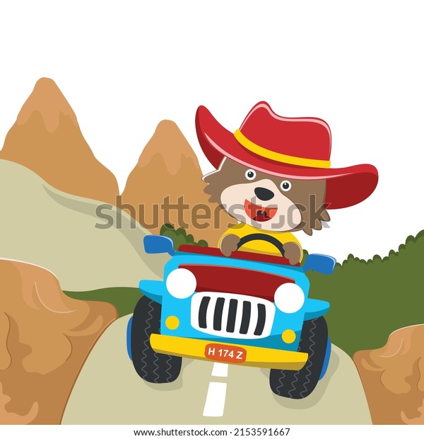 Cute\
lion cartoon having fun driving off road car go to forest. Vector\
childish background for fabric textile, nursery wallpaper, card,\
poster and other decoration. Vector\
illustration.