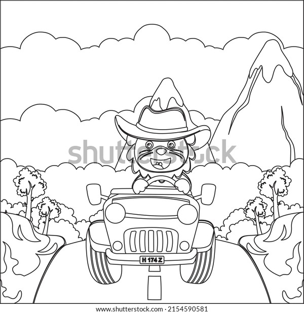 Cute lion cartoon\
having fun driving off road car on sunny day. Cartoon isolated\
vector illustration, Creative vector Childish design for kids\
activity colouring book or\
page.