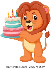 Cute Lion Cartoon Holding Birthday Cake Vector Illustration. Animal Nature Icon Concept Isolated Premium Vector