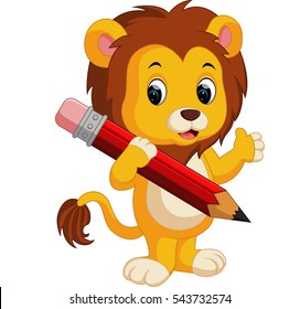 Cute lion cartoon holding pencil