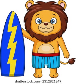 Cute lion cartoon holding a surfboard
