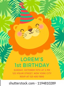 Cute lion cartoon illustration with copy space for party invitation card template.