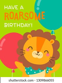 Cute lion cartoon illustration with text “Have a roarsome birthday” for birthday card design.

