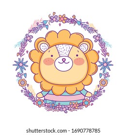 Cute lion cartoon inside flowers and leaves crown design, Animal zoo life nature character childhood and adorable theme Vector illustration
