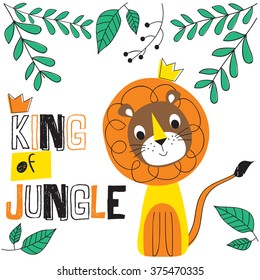 Cute lion cartoon king of jungle vector illustration