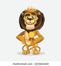 Cute lion cartoon mascot. Vector illustration of a lion with a medal.