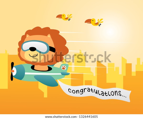 Cute\
lion cartoon on airplane with buildings\
background