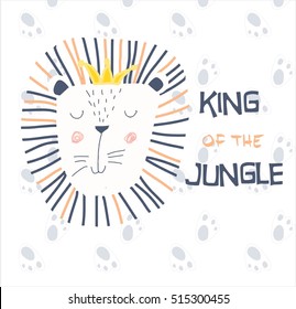 Cute Lion Cartoon On Footprint Background, King Of The Jungle, T-shirt Design For Kids Vector Illustration