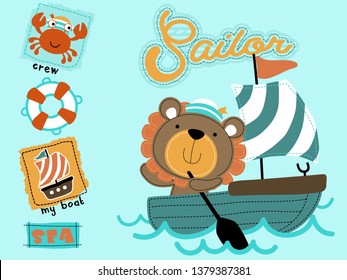 Cute lion cartoon on sailboat with little crab, sailing element illustration