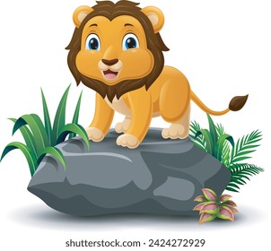 Cute lion cartoon on the stone