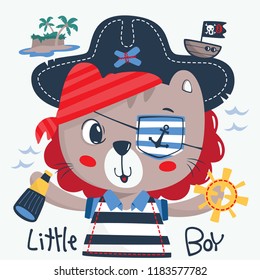 Cute lion cartoon in pirate costume illustration vector, T-shirt design for kids.