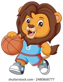 Cute Lion Cartoon Playing Basketball. Animal Nature Icon Concept Isolated Premium Vector. Vector Illustration