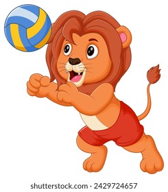 Cute Lion Cartoon Playing Volleyball Vector Illustration. Animal Nature Icon Concept Isolated Premium Vector