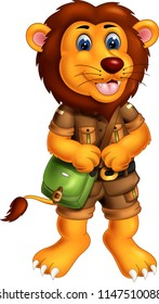 cute lion cartoon posing with laughing and bring bag
