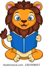 Cute lion cartoon reading a book