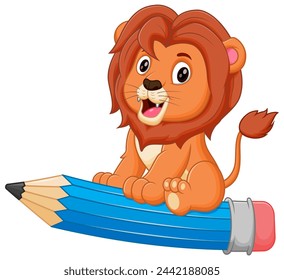 Lindo león de dibujos animados montando un lápiz volador ilustración vectorial. Concepto de icono de educación animal