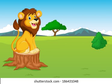 Cute lion cartoon in the savannah