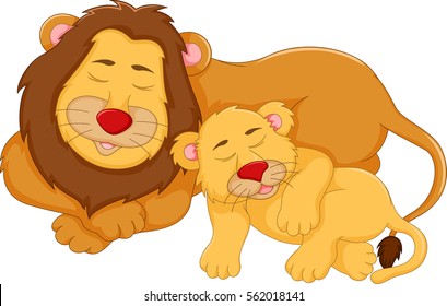 cute lion cartoon sleeping with her baby