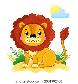 Cute lion in cartoon style. African animal vector illustration.