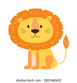 Cute lion in cartoon style. Bright orange and yellow colors. Perfect for kids textile, postcards, baby shower for boy. Isolatetd icon on white background. Vector EPS10