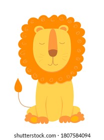 Cute lion in cartoon style. Bright orange and yellow colors. Perfect for kids textile, postcards, baby shower for boy. Isolatetd icon on white background. Vector EPS10