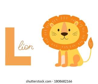 Cute lion in cartoon style with letter L and lion sign. Bright orange and yellow colors. Perfect for kids alphabet, textile, postcards, baby shower for boy. Isolatetd on white background. Vector