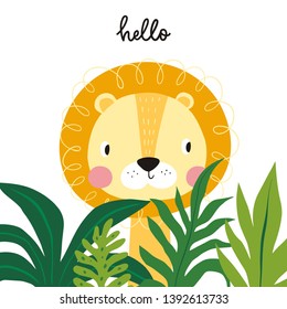 Cute lion cartoon vector illustration. Wild lion  in exotic tropical leaves. Hand drawn vector illustration for posters, cards, t-shirts.