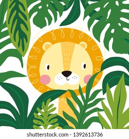 Cute lion cartoon vector illustration. Wild lion  in exotic tropical leaves. Hand drawn vector illustration for posters, cards, t-shirts.