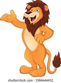 cute lion cartoon waving on white background