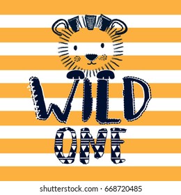 Cute Lion Cartoon With Wild One Text, T-shirt Graphics For Kids Vector Illustration