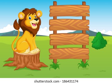 Cute lion cartoon with wooden sign