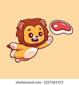 Cute Lion Catching Steak Meat Cartoon Vector Icon Illustration. Animal Food Icon Concept Isolated Premium Vector. Flat Cartoon Style