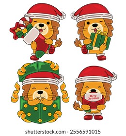 cute lion celebrate christmas vector illustration