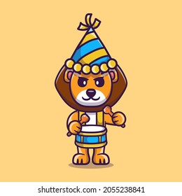 cute lion celebrates new year playing drums, suitable for t-shirt design or happy new year mascot