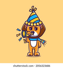 cute lion celebrates the new year by blowing the trumpet, suitable for new year t-shirt design or cute animal new year mascot