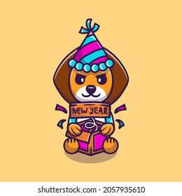 cute lion celebrates new year with joke surprise box, suitable for cute animal new year t-shirts or mascot designs