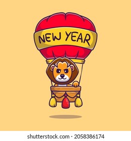 cute lion celebrates new year on hot air balloon, suitable for t-shirt designs or mascots celebrating the new year