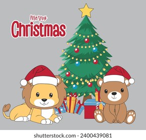 Cute Lion celebrating christmas, cute bear celebrating christmas,cute animals christmas